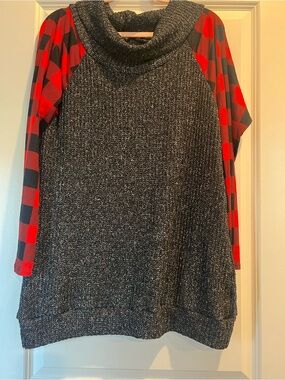 Blumin Charcoal Cowl Neck Sweater with Red Plaid Sleeves